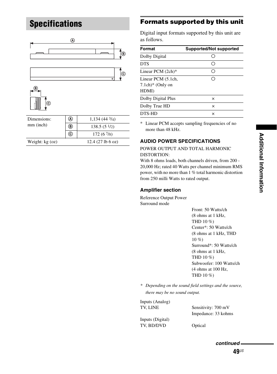 Specifications, Formats supported by this unit | Sony RHT-S10 User Manual | Page 49 / 164