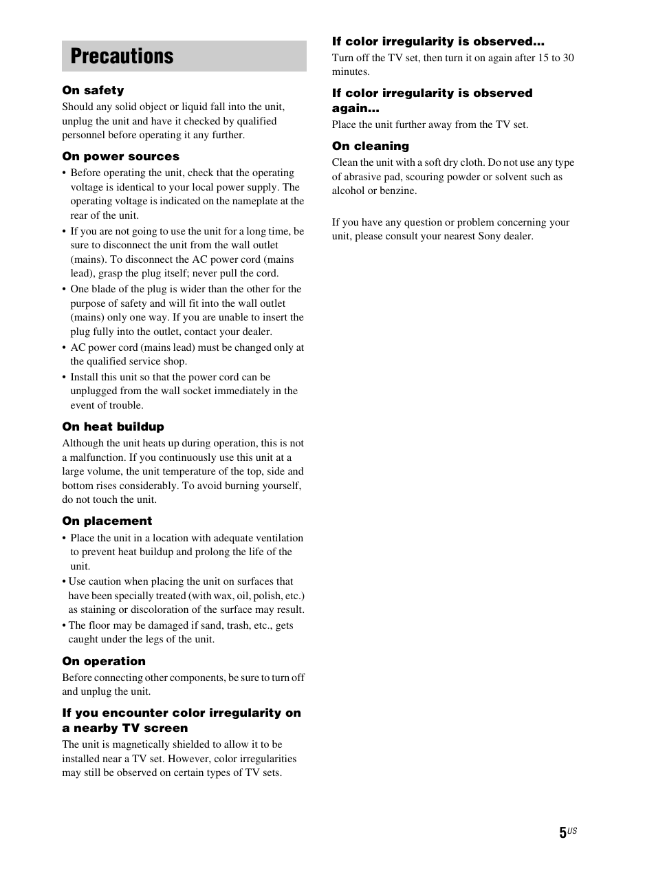 Precautions | Sony RHT-S10 User Manual | Page 5 / 164