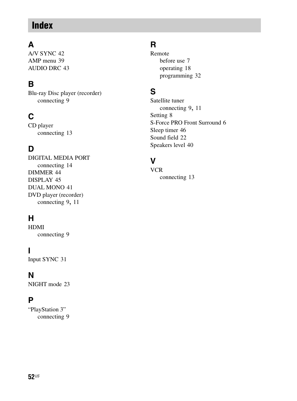 Index | Sony RHT-S10 User Manual | Page 52 / 164