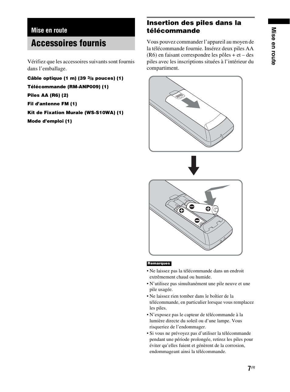 Mise en route, Accessoires fournis, Insertion des piles dans la télécommande | Sony RHT-S10 User Manual | Page 59 / 164