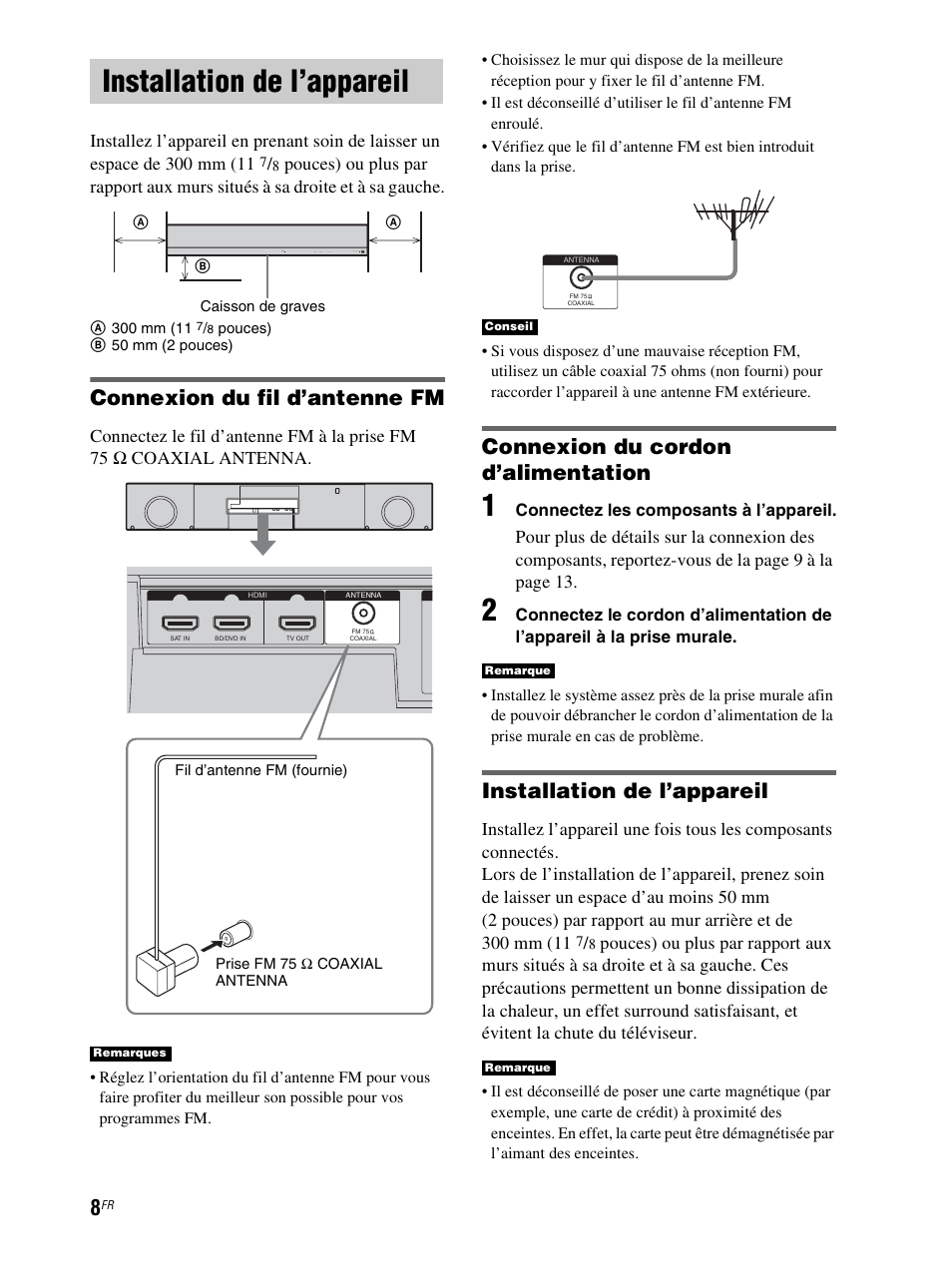 Installation de l’appareil, Connexion du fil d’antenne fm, Connexion du cordon d’alimentation | Sony RHT-S10 User Manual | Page 60 / 164