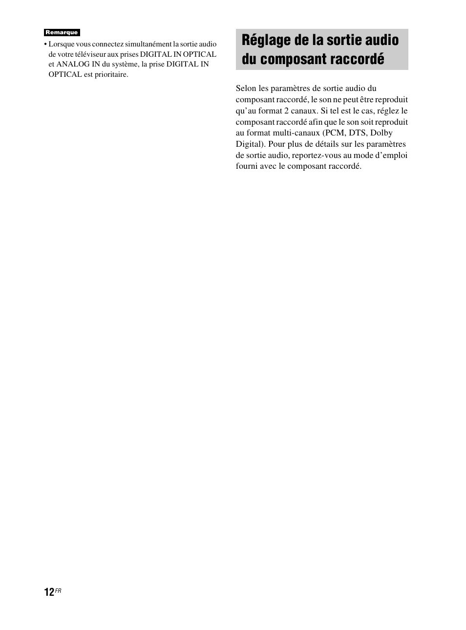 Réglage de la sortie audio du composant raccordé, Réglage de la sortie audio du composant, Raccordé | Sony RHT-S10 User Manual | Page 64 / 164