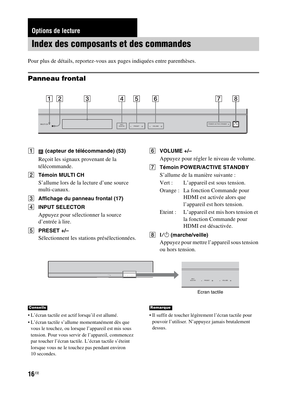 Options de lecture, Index des composants et des commandes, Index des composants et des | Commandes, Panneau frontal, Reçoit les signaux provenant de la télécommande, Sélectionnent les stations présélectionnées, Appuyez pour régler le niveau de volume | Sony RHT-S10 User Manual | Page 68 / 164
