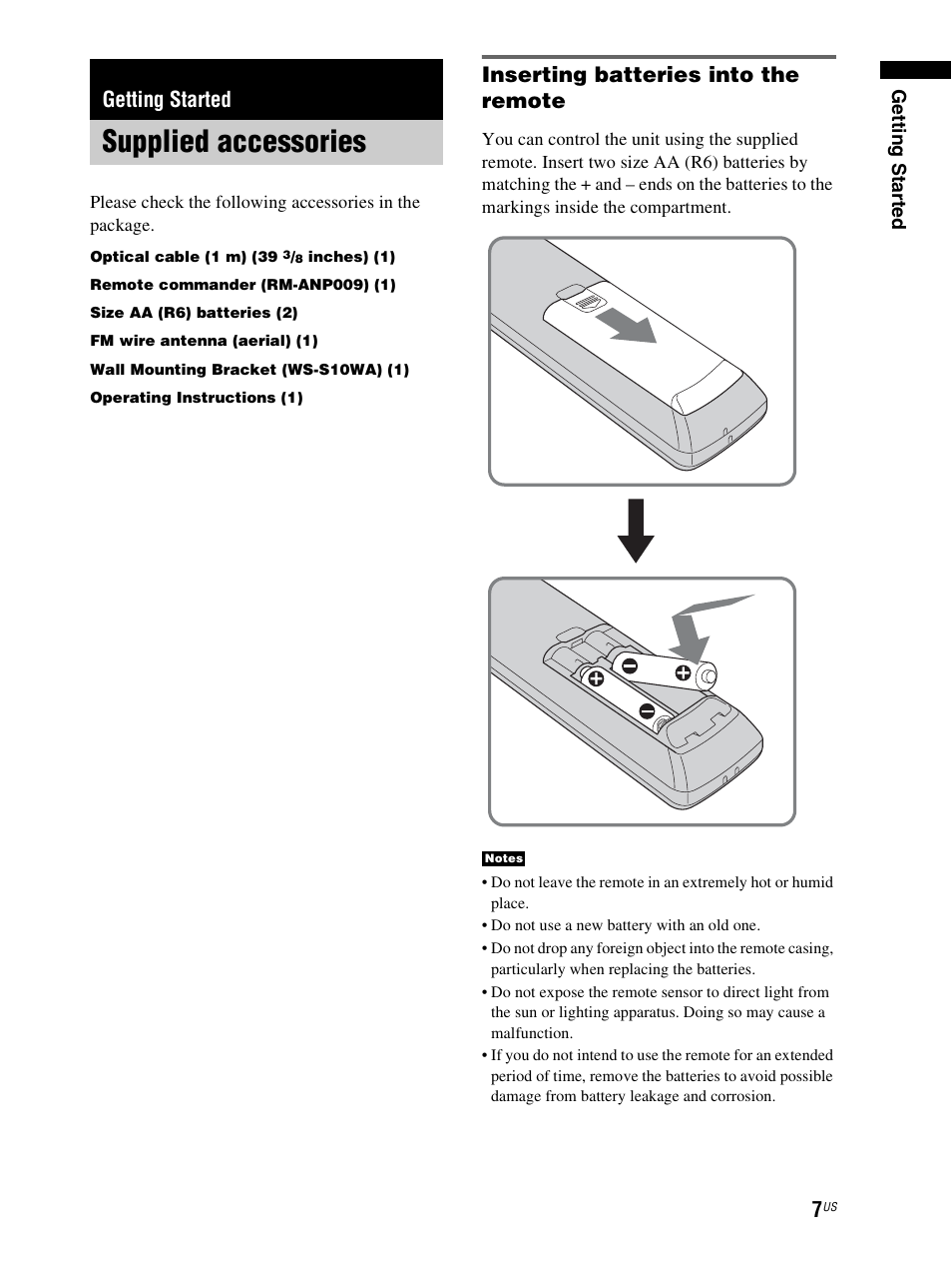 Getting started, Supplied accessories, Inserting batteries into the remote | Sony RHT-S10 User Manual | Page 7 / 164