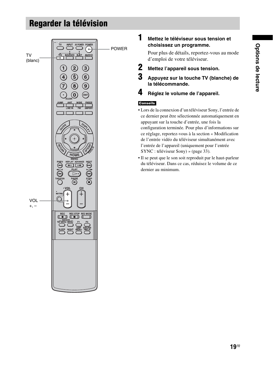 Regarder la télévision, Op tions de lec ture, Mettez l’appareil sous tension | Réglez le volume de l’appareil | Sony RHT-S10 User Manual | Page 71 / 164