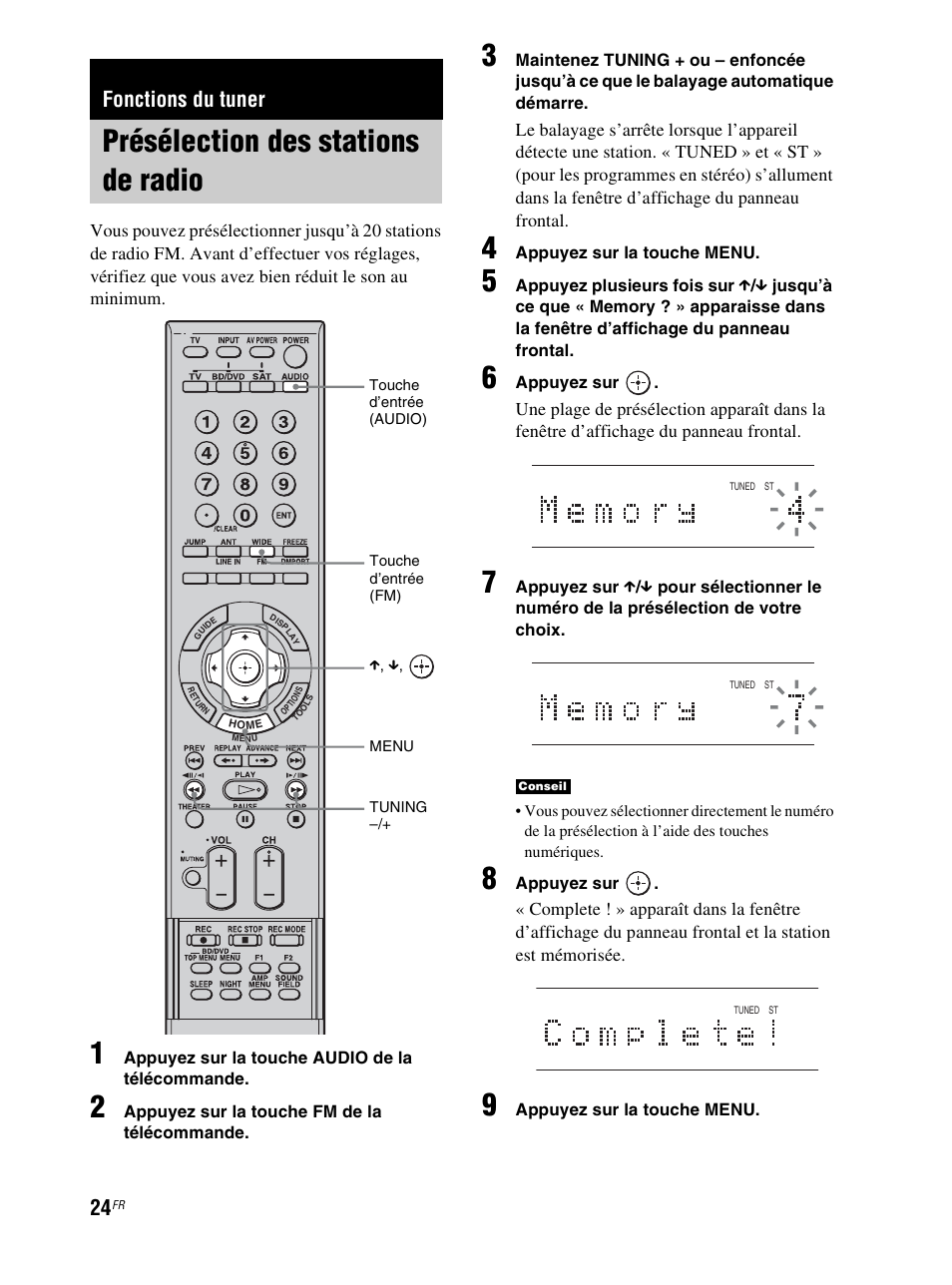 Fonctions du tuner, Présélection des stations de radio, D (24) | Sony RHT-S10 User Manual | Page 76 / 164
