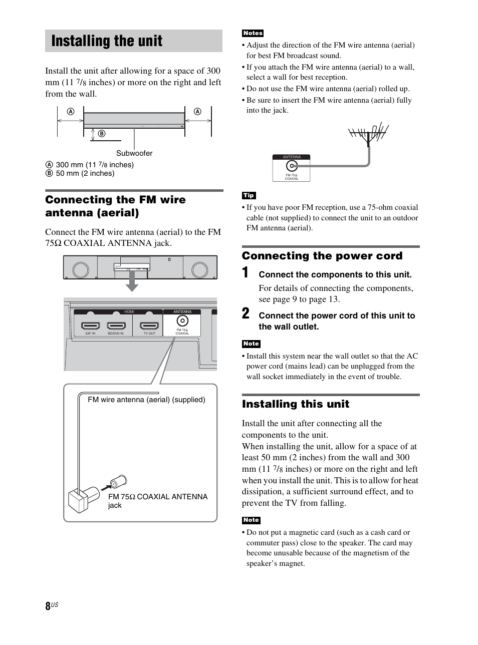 Installing the unit, Connecting the fm wire antenna (aerial), Connecting the power cord | Installing this unit | Sony RHT-S10 User Manual | Page 8 / 164