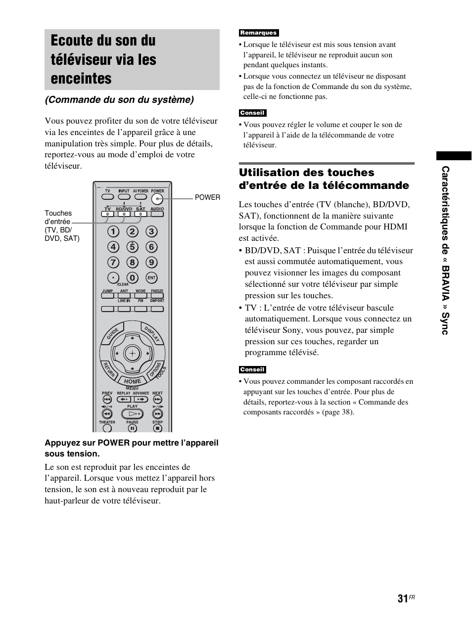 Ecoute du son du téléviseur via les enceintes, Ecoute du son du téléviseur via les, Enceintes (commande du son du système) | Commande du son du système) | Sony RHT-S10 User Manual | Page 83 / 164