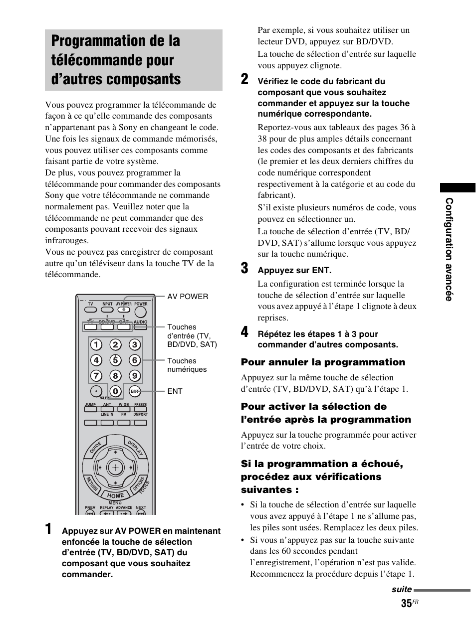 Programmation de la télécommande pour, D’autres composants, Pour annuler la programmation | Sony RHT-S10 User Manual | Page 87 / 164