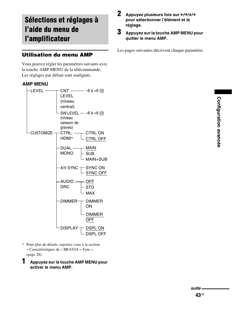Sélections et réglages à l’aide du menu de, L’amplificateur | Sony RHT-S10 User Manual | Page 95 / 164