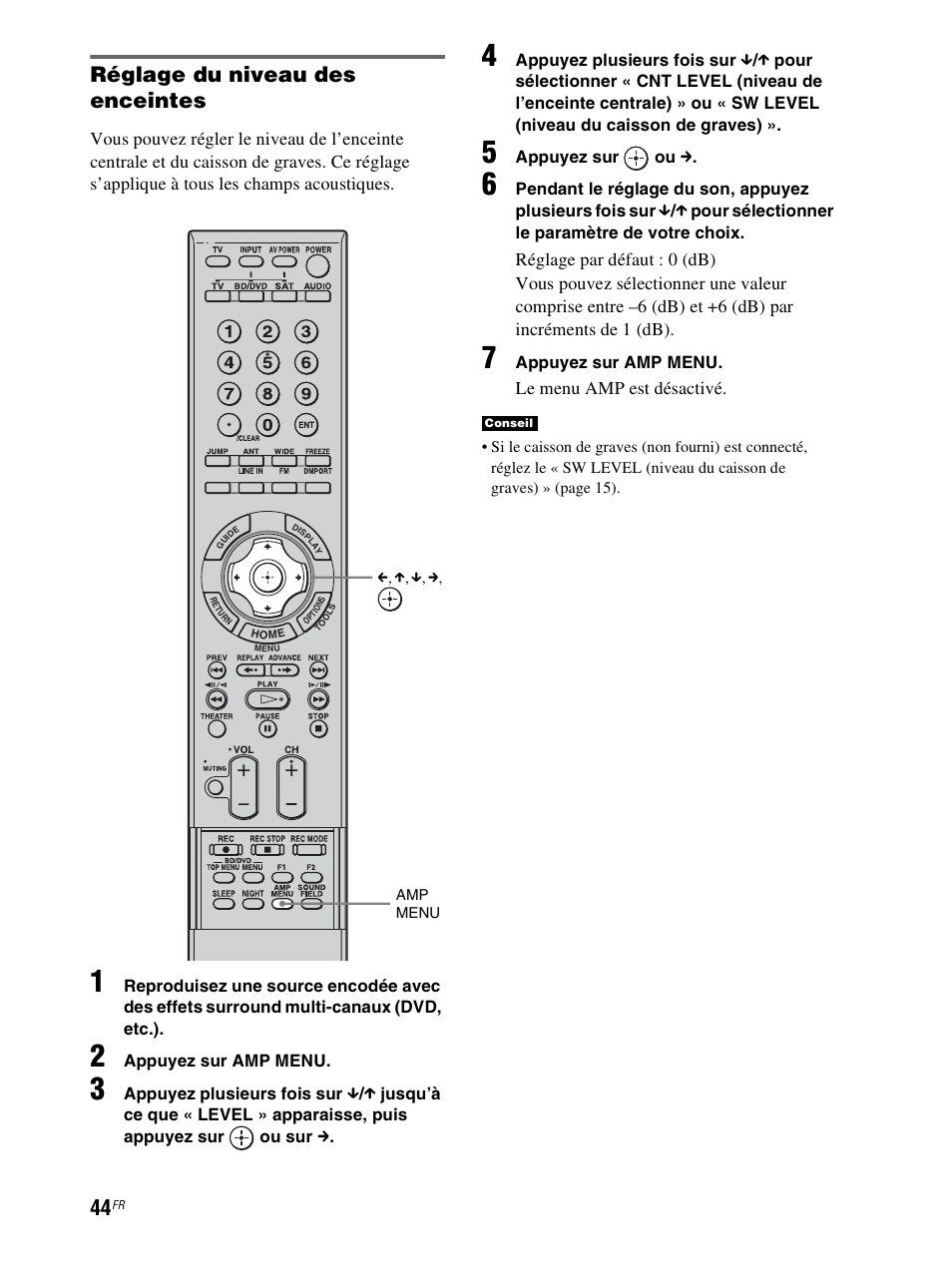 Réglage du niveau des enceintes, Le menu amp est désactivé | Sony RHT-S10 User Manual | Page 96 / 164