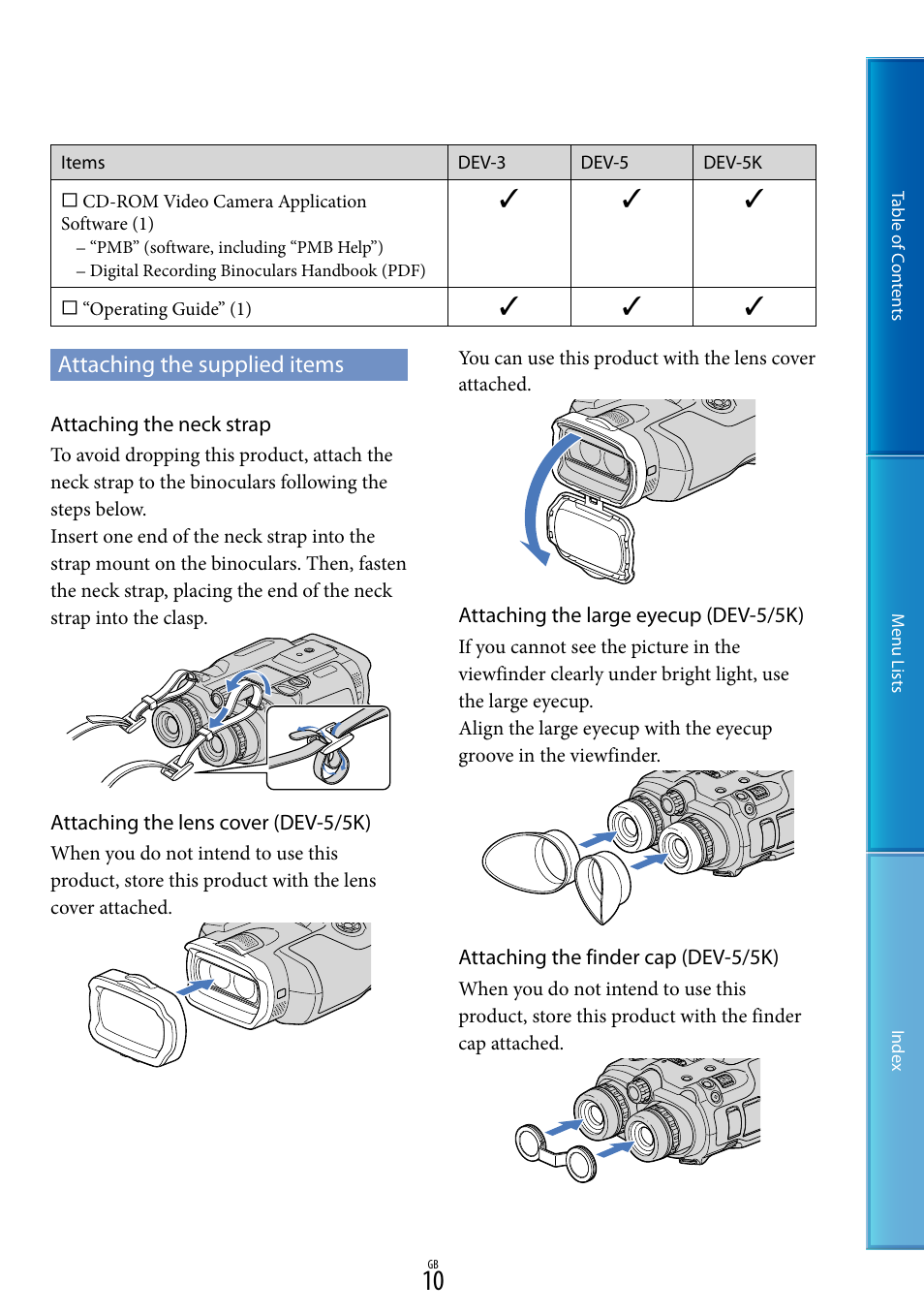 Attaching the supplied items | Sony DEV-5 User Manual | Page 10 / 98