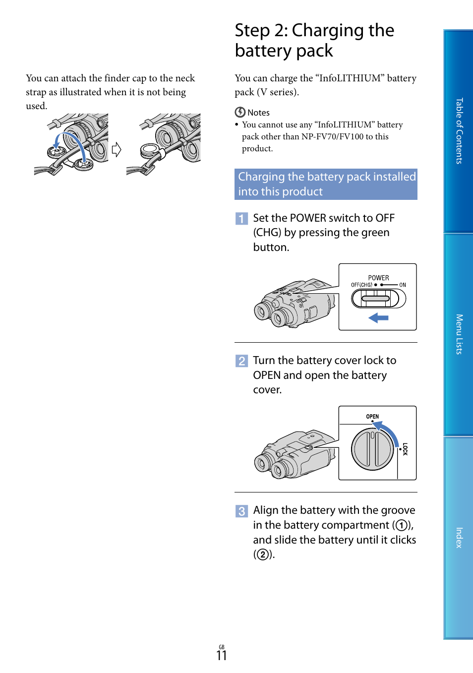 Step 2: charging the battery pack | Sony DEV-5 User Manual | Page 11 / 98