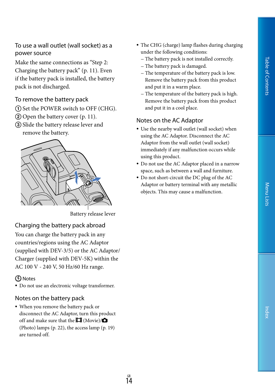Charging the battery pack abroad | Sony DEV-5 User Manual | Page 14 / 98