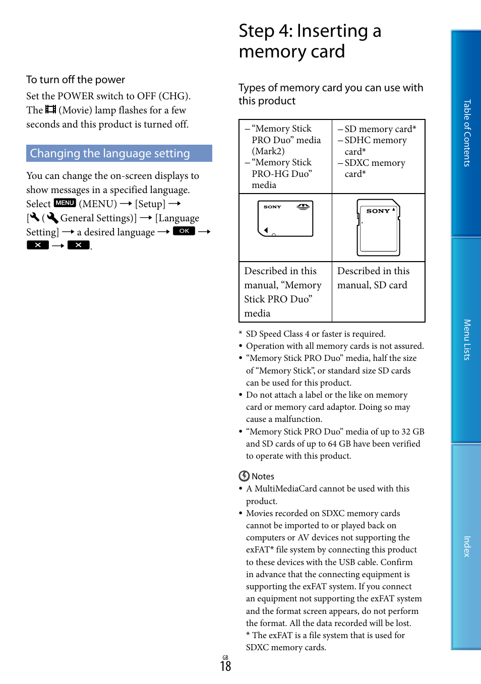 Changing the language setting, Step 4: inserting a memory card, E 18 f | Sony DEV-5 User Manual | Page 18 / 98