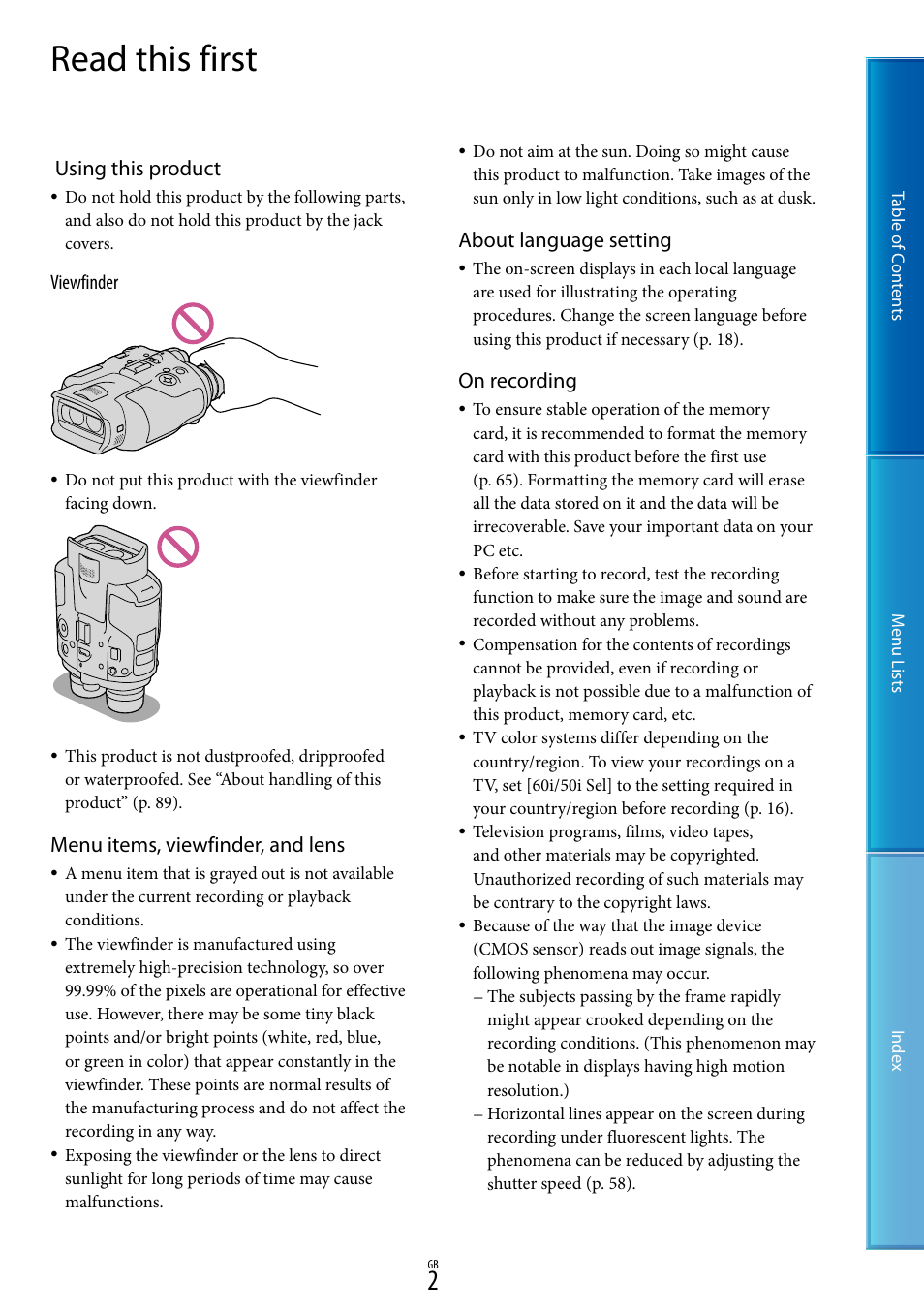 Read this first, Using this product, Menu items, viewfinder, and lens | About language setting, On recording | Sony DEV-5 User Manual | Page 2 / 98