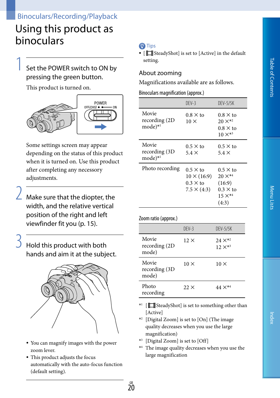 Binoculars/recording/playback, Using this product as binoculars | Sony DEV-5 User Manual | Page 20 / 98