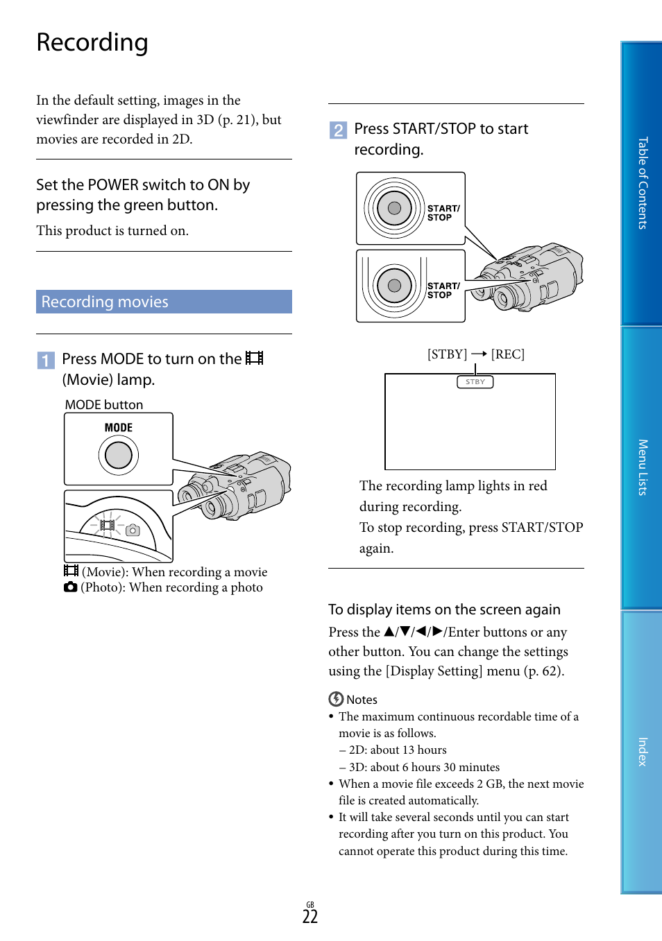 Recording, Recording movies, 22), t | Sony DEV-5 User Manual | Page 22 / 98