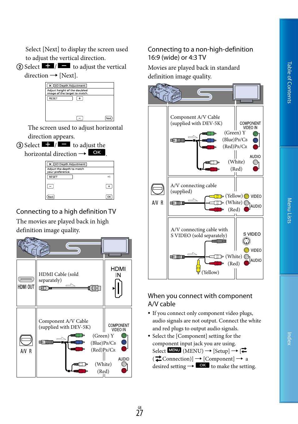 Connecting to a high definition tv, When you connect with component a/v cable | Sony DEV-5 User Manual | Page 27 / 98