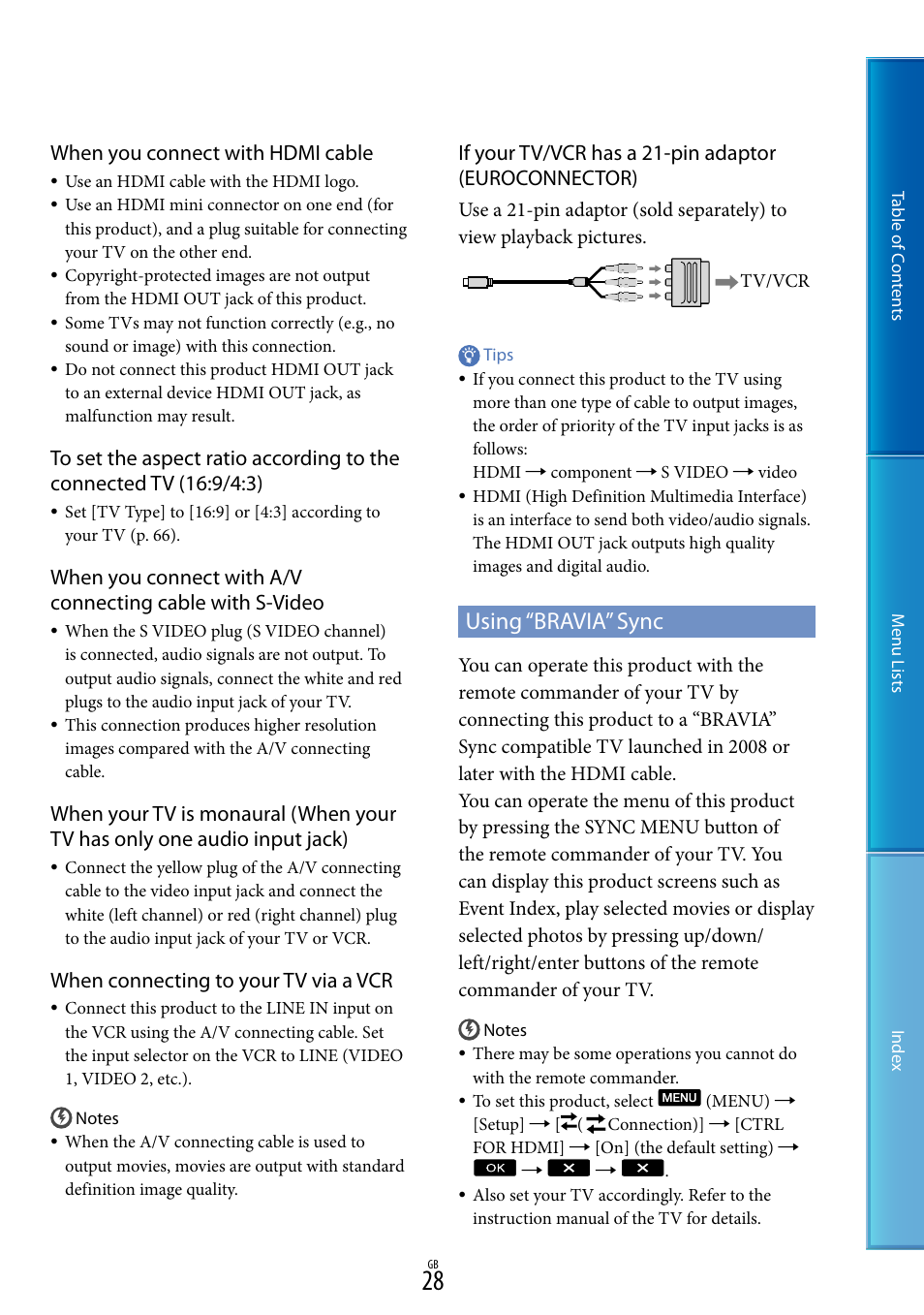 Using “bravia” sync, When you connect with hdmi cable, When connecting to your tv via a vcr | Sony DEV-5 User Manual | Page 28 / 98