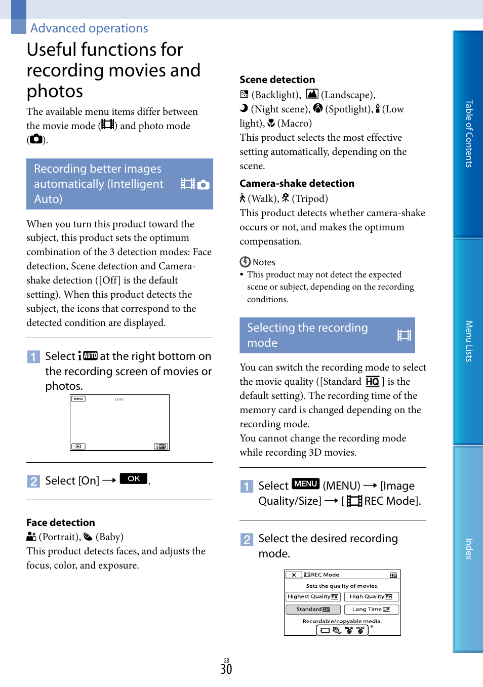 Advanced operations, Useful functions for recording movies and photos, Selecting the recording mode | Sony DEV-5 User Manual | Page 30 / 98