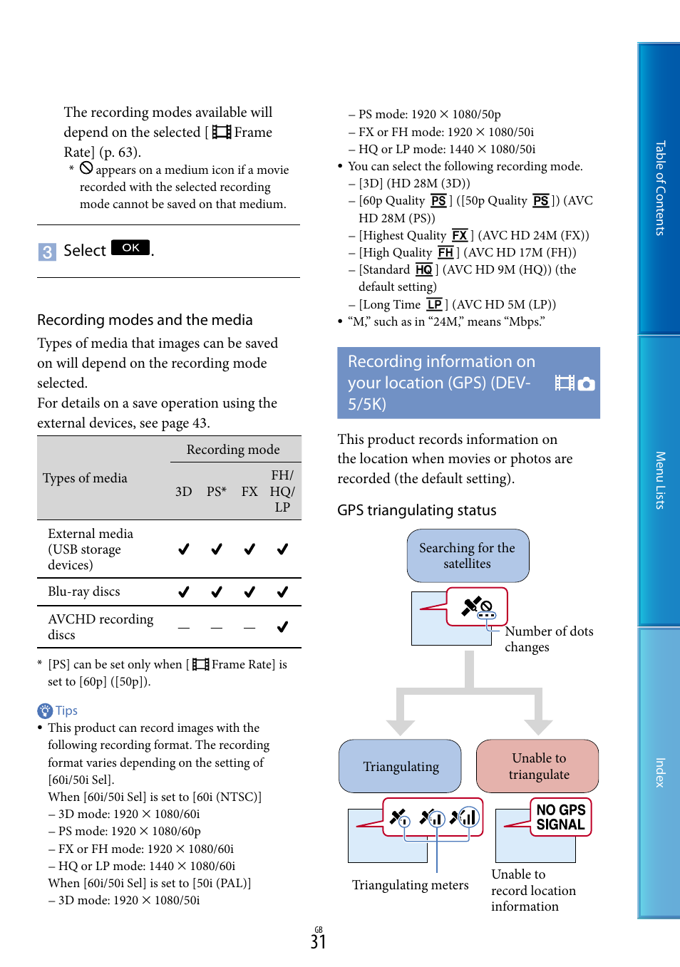 Select, Recording modes and the media, Gps triangulating status | Sony DEV-5 User Manual | Page 31 / 98