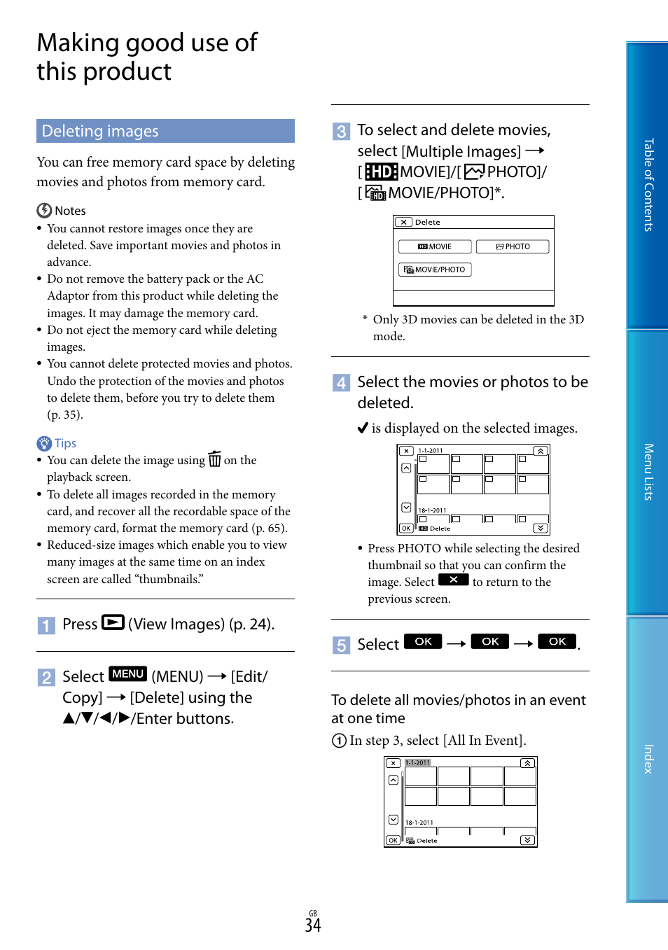 Making good use of this product, Deleting images | Sony DEV-5 User Manual | Page 34 / 98