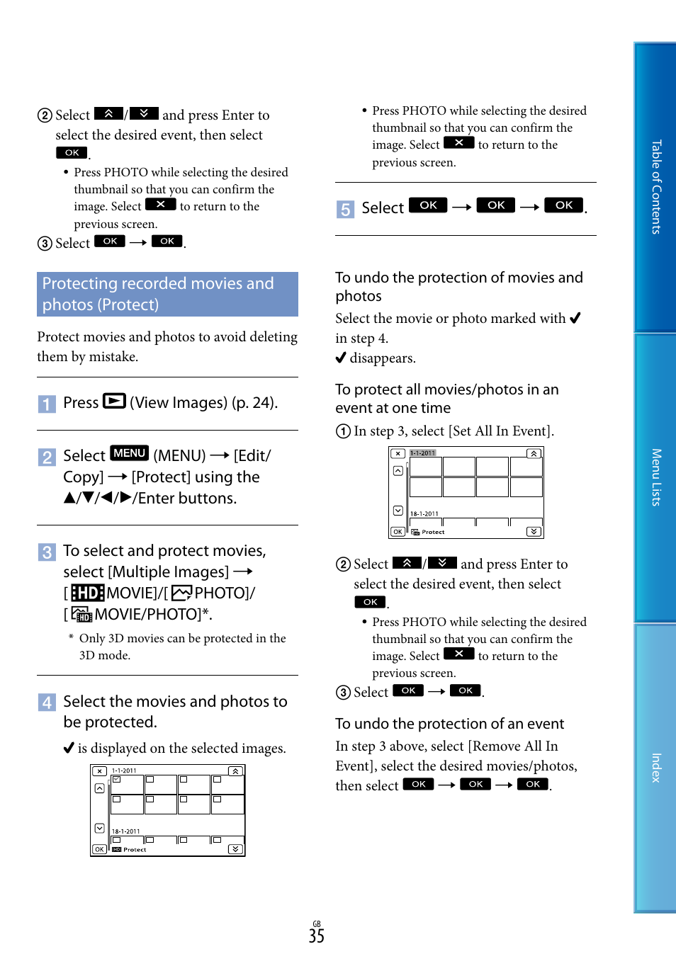 Protecting recorded movies and photos (protect) | Sony DEV-5 User Manual | Page 35 / 98