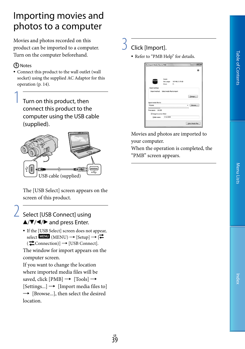 Importing movies and photos to a computer | Sony DEV-5 User Manual | Page 39 / 98