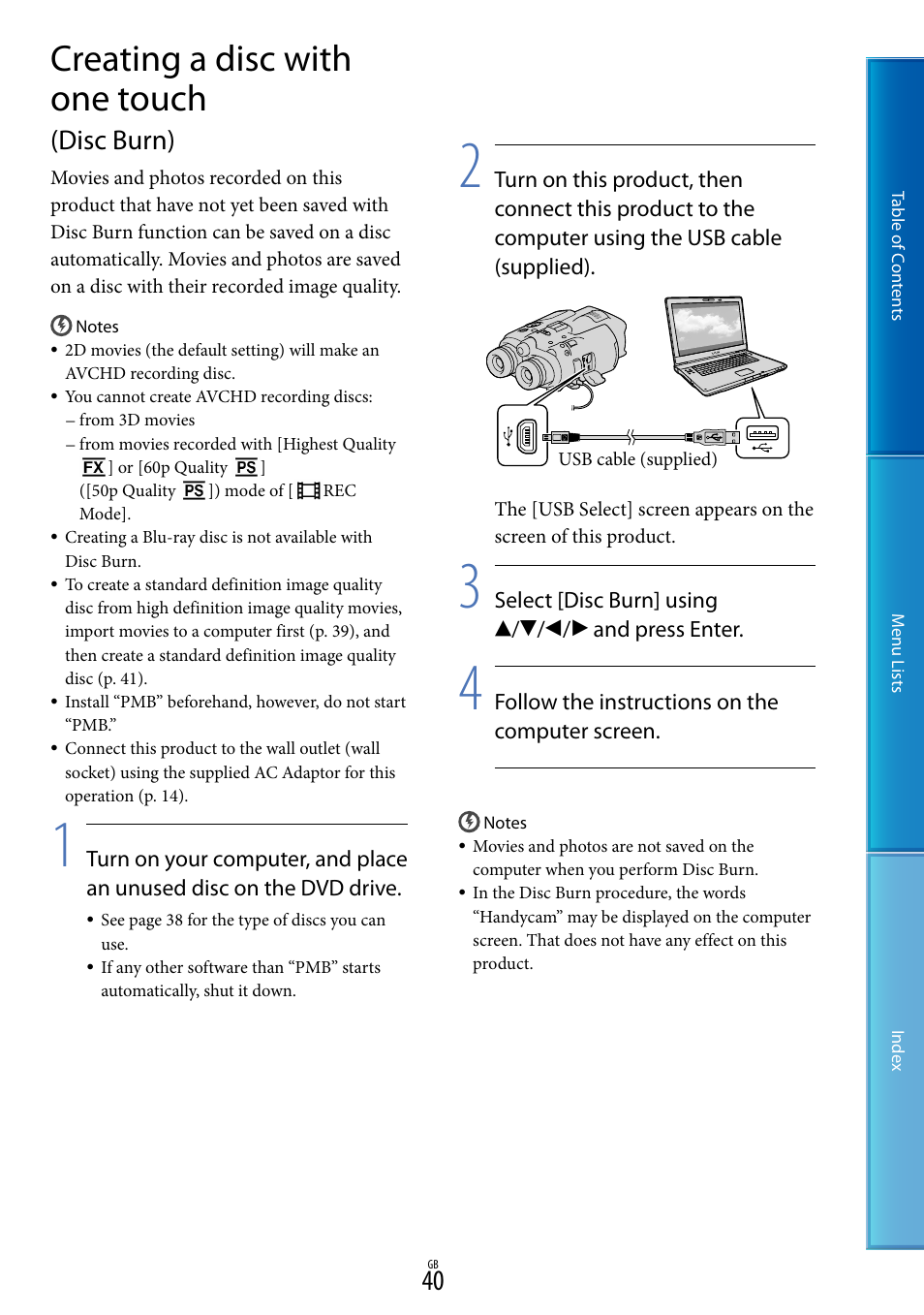 Creating a disc with one touch (disc burn), Creating a disc with one touch, Disc burn) | Sony DEV-5 User Manual | Page 40 / 98