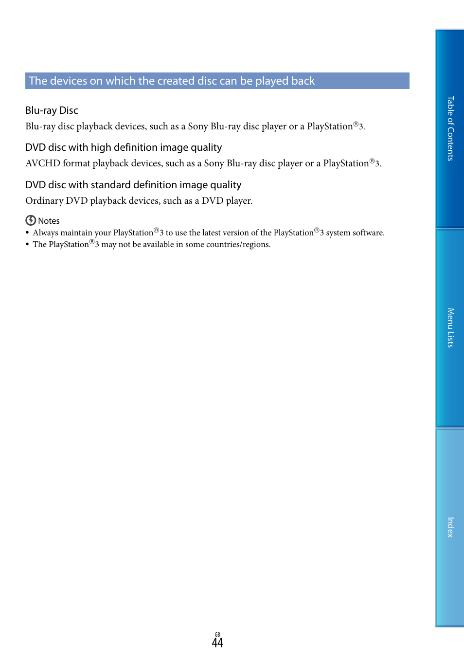 Blu-ray disc, Dvd disc with high definition image quality, Dvd disc with standard definition image quality | Sony DEV-5 User Manual | Page 44 / 98