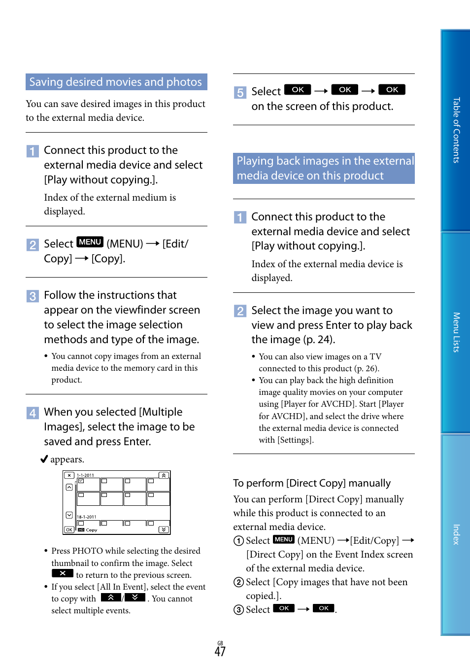 Saving desired movies and photos | Sony DEV-5 User Manual | Page 47 / 98