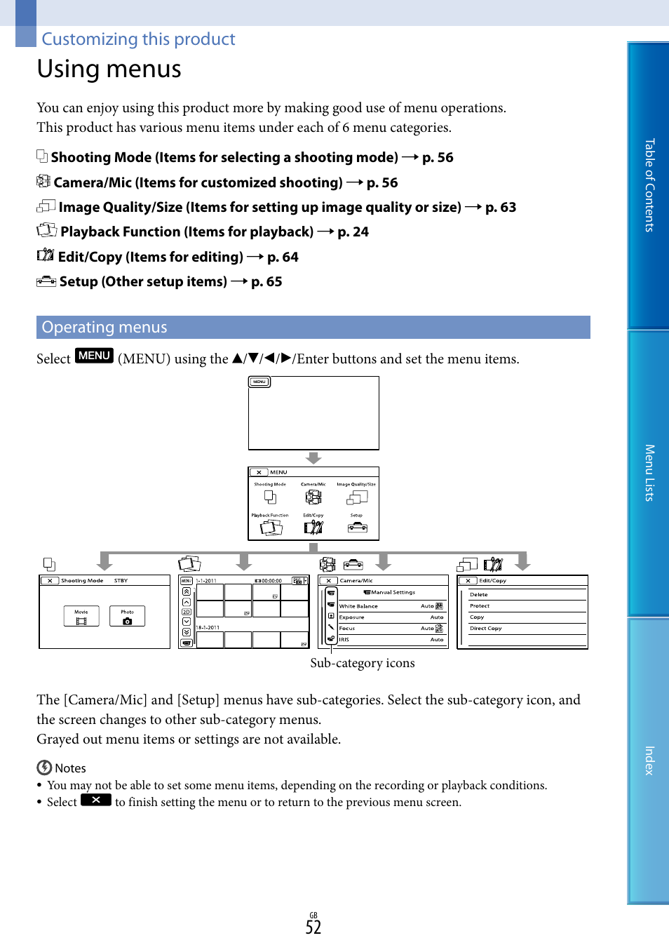 Customizing this product, Using menus, Operating menus | Sony DEV-5 User Manual | Page 52 / 98
