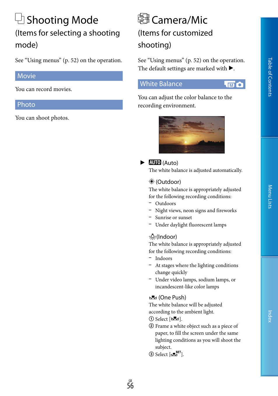 Camera/mic (items for customized shooting), Shooting mode, Camera/mic | Items for selecting a shooting mode), Items for customized shooting), Movie, Photo, White balance | Sony DEV-5 User Manual | Page 56 / 98
