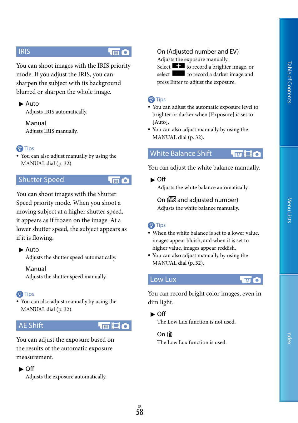 Iris, Shutter speed, Ae shift | White balance shift, Low lux | Sony DEV-5 User Manual | Page 58 / 98