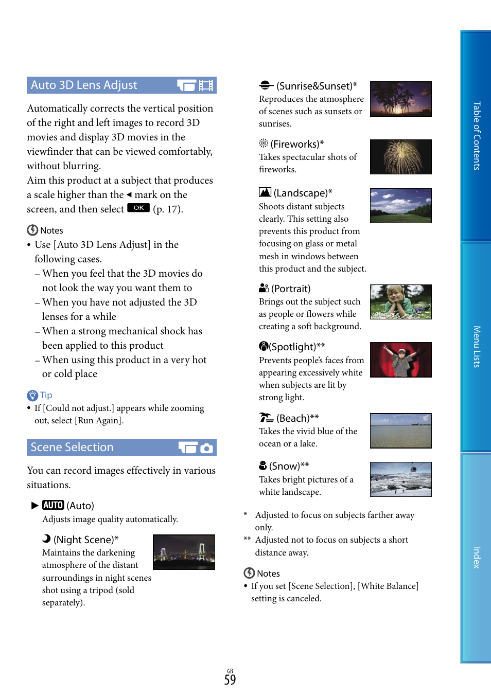 Auto 3d lens adjust, Scene selection | Sony DEV-5 User Manual | Page 59 / 98