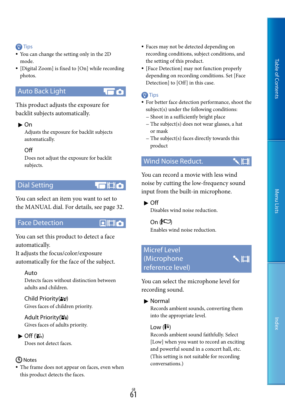 Auto back light, Dial setting, Face detection | Wind noise reduct, Micref level (microphone reference level) | Sony DEV-5 User Manual | Page 61 / 98