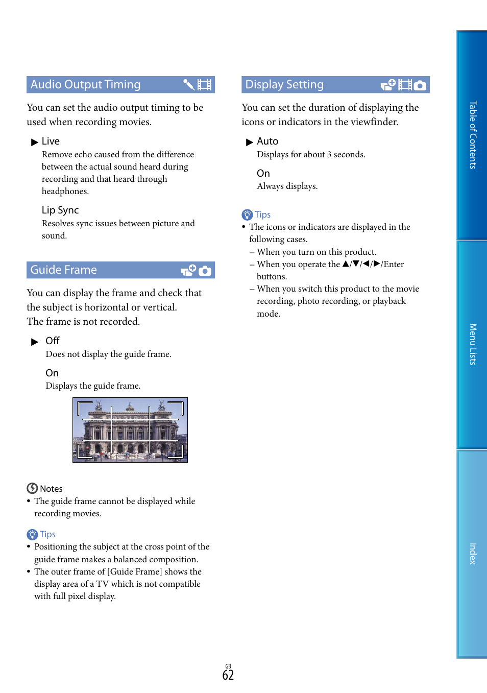 Audio output timing, Guide frame, Display setting | Sony DEV-5 User Manual | Page 62 / 98