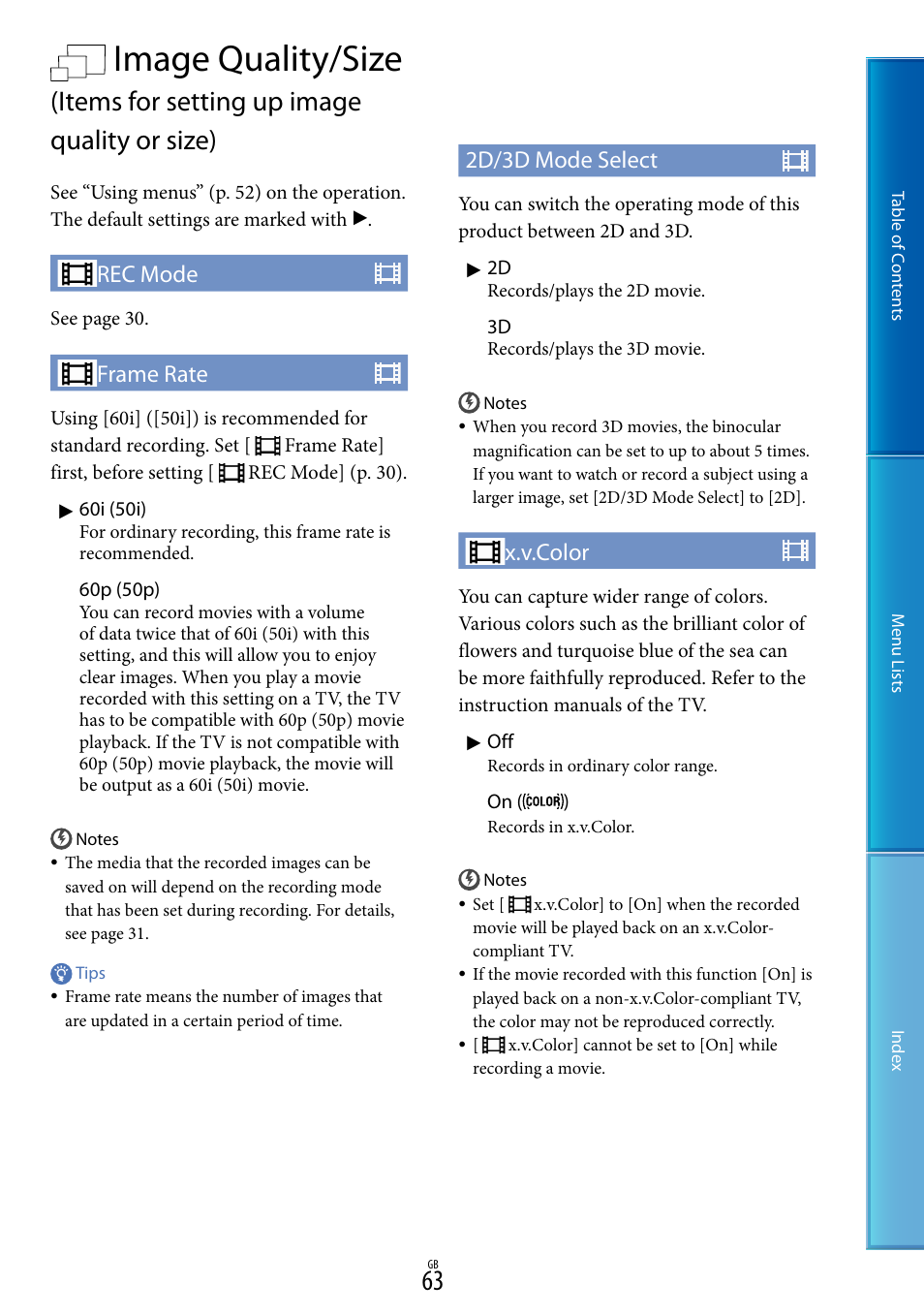 Image quality/size, Items for setting up image quality or size), Rec mode | Frame rate, 2d/3d mode select, X.v.color | Sony DEV-5 User Manual | Page 63 / 98