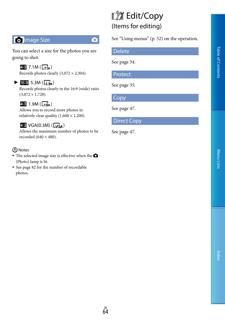 Edit/copy (items for editing), Edit/copy, Items for editing) | Image size, Delete, Protect, Copy, Direct copy | Sony DEV-5 User Manual | Page 64 / 98