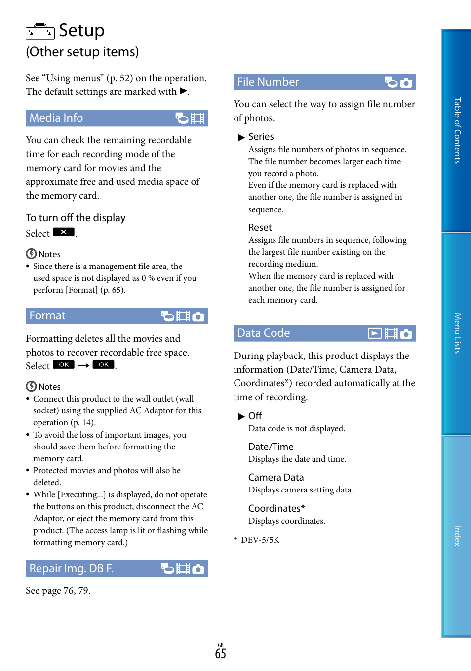 Setup (other setup items), 65). f, Setup | Other setup items), Media info, Format, Repair img. db f, File number, Data code | Sony DEV-5 User Manual | Page 65 / 98