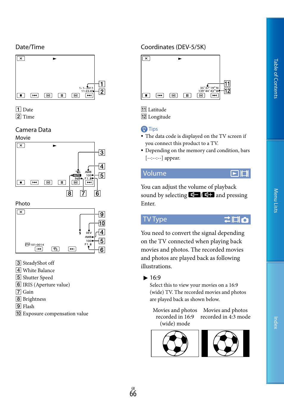 66) t, Volume, Tv type | Date/time, Camera data, Coordinates (dev-5/5k) | Sony DEV-5 User Manual | Page 66 / 98