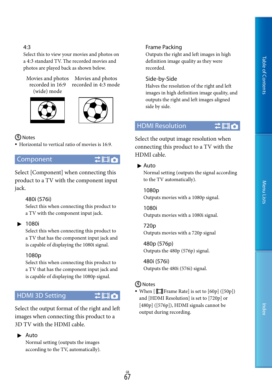 Component, Hdmi 3d setting, Hdmi resolution | Sony DEV-5 User Manual | Page 67 / 98