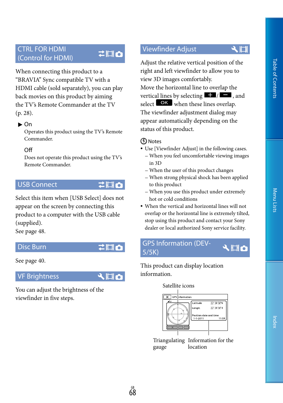 Ctrl for hdmi (control for hdmi), Usb connect, Disc burn | Vf brightness, Viewfinder adjust, Gps information (dev- 5/5k) | Sony DEV-5 User Manual | Page 68 / 98