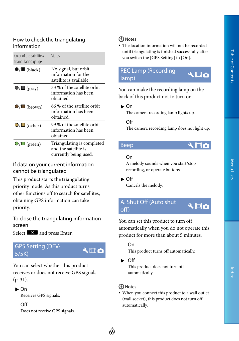 Gps setting (dev- 5/5k), Rec lamp (recording lamp), Beep | A. shut off (auto shut off), How to check the triangulating information | Sony DEV-5 User Manual | Page 69 / 98