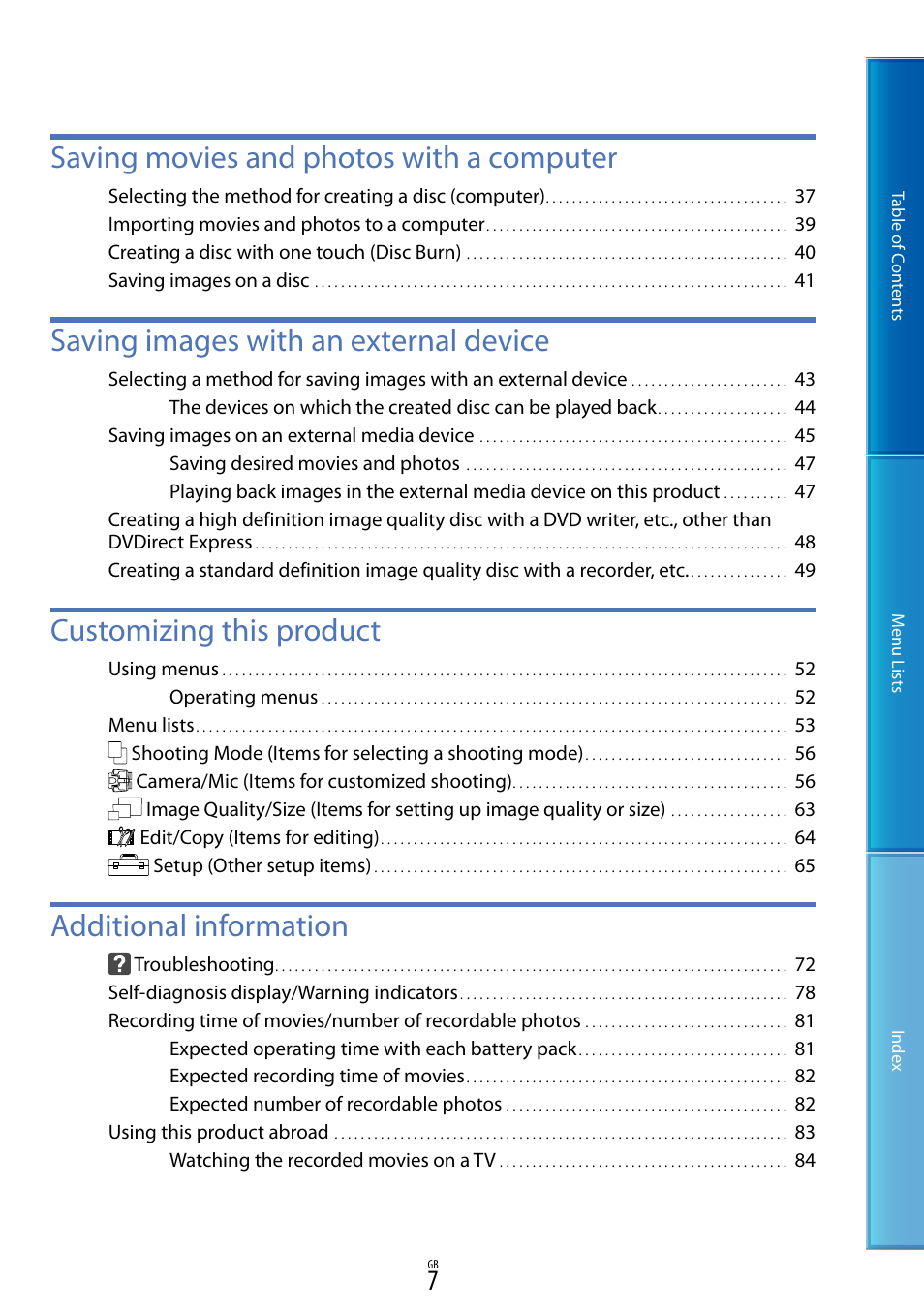 Saving movies and photos with a computer, Saving images with an external device, Customizing this product | Additional information | Sony DEV-5 User Manual | Page 7 / 98
