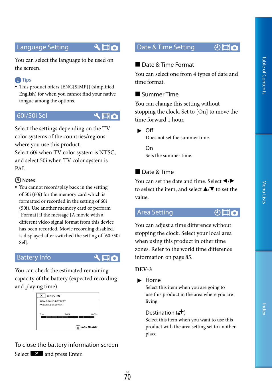 Language setting, 60i/50i sel, Battery info | Date & time setting, Area setting, Date & time format, Summer time, Date & time | Sony DEV-5 User Manual | Page 70 / 98