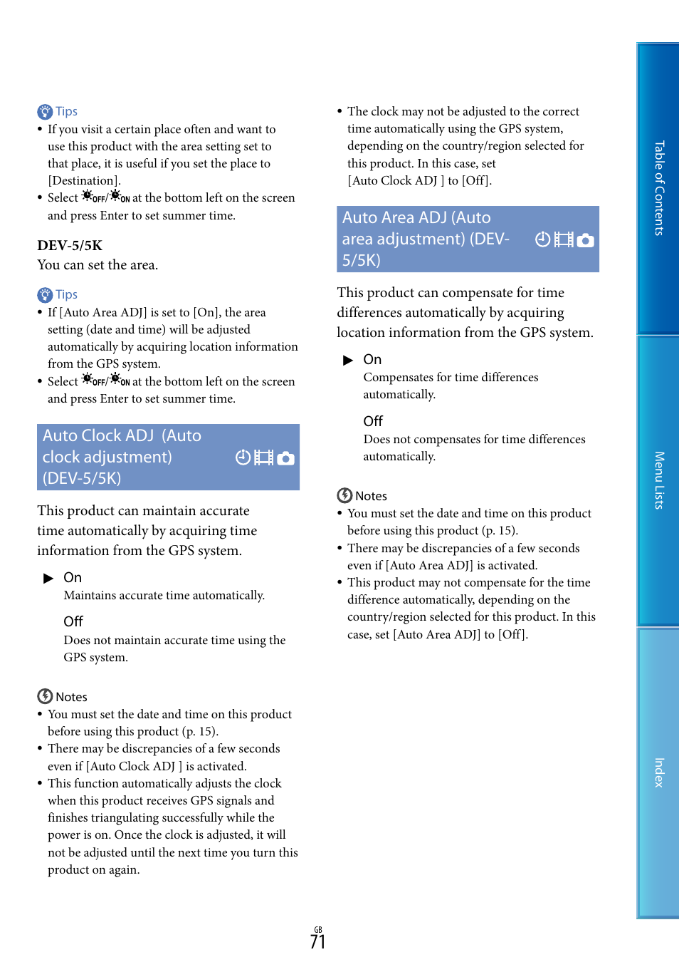 Auto clock adj (auto clock adjustment) (dev-5/5k), Auto area adj (auto area adjustment) (dev- 5/5k), Dev-5/5k you can set the area | Sony DEV-5 User Manual | Page 71 / 98