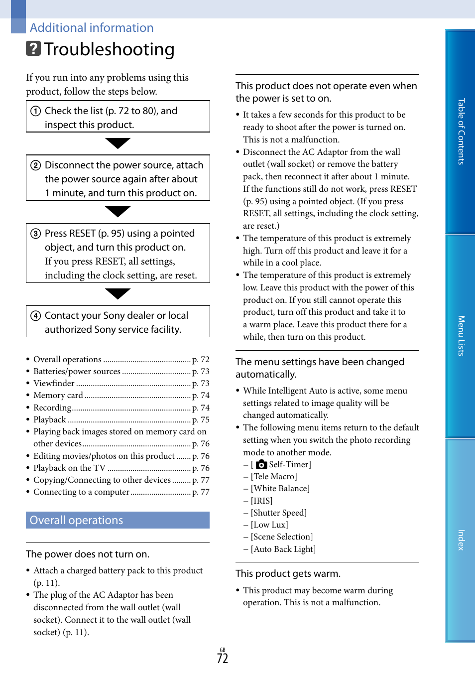 Additional information, Troubleshooting, Overall operations | Sony DEV-5 User Manual | Page 72 / 98