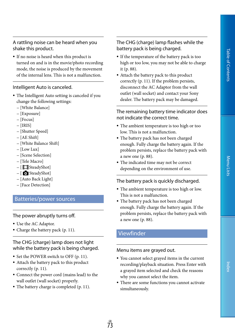 Batteries/power sources, Viewfinder | Sony DEV-5 User Manual | Page 73 / 98